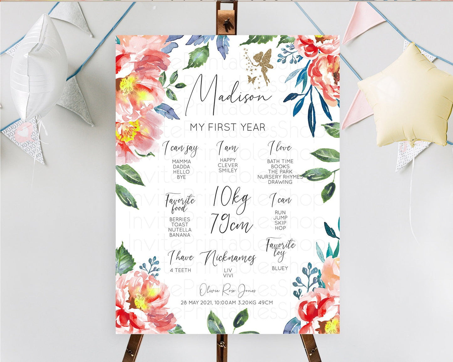 Fairy First Birthday Milestone Poster Fairy Secret Garden Milestone Board Enchanted Garden Pastel Floral Butterfly 1st Birthday Sign D10752