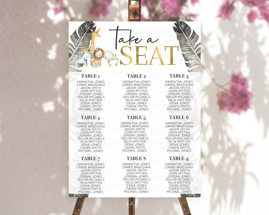 Editable Safari Seating Chart Lion Gorilla Elephant Rhino Tropical Palm D??co