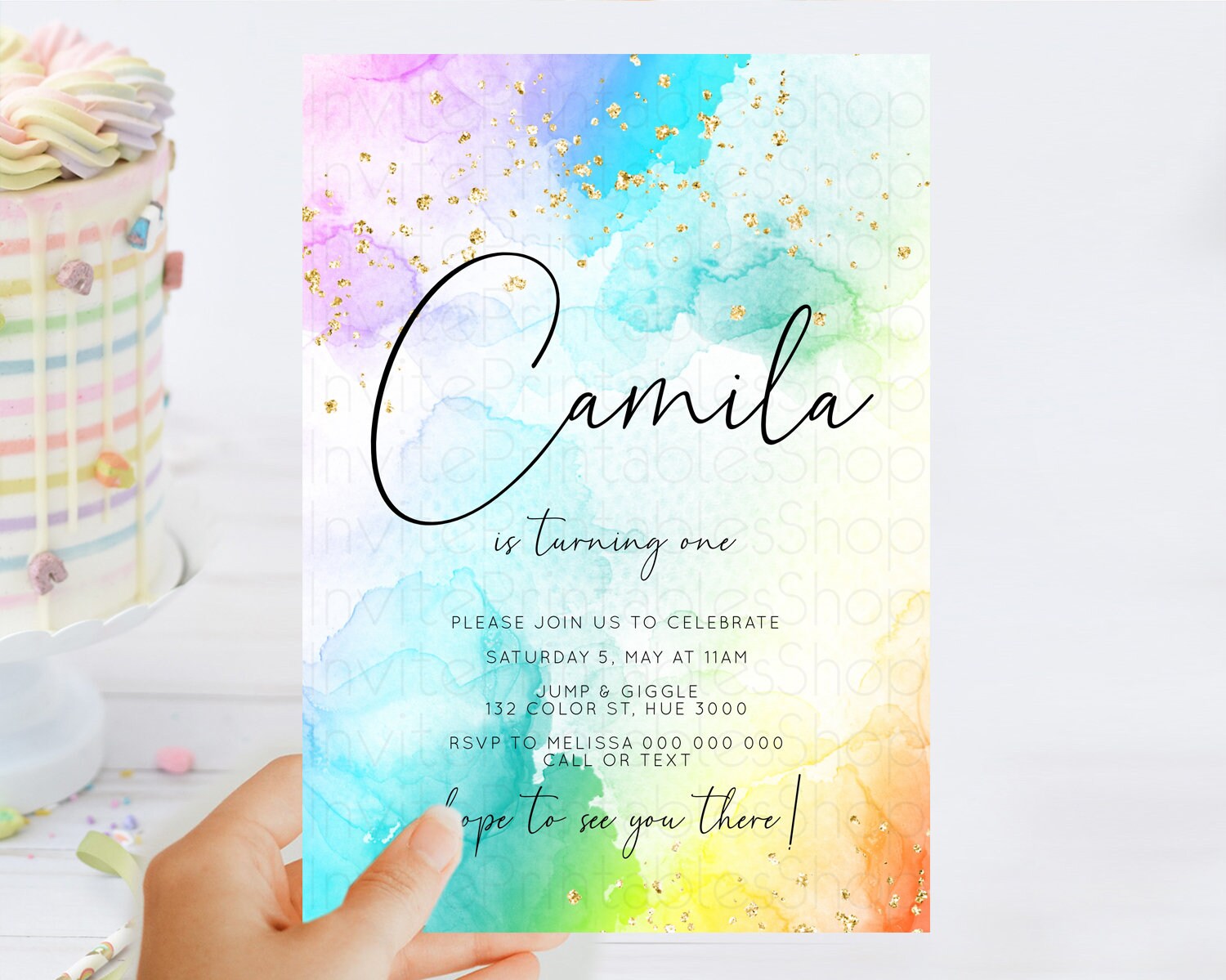 Editable Rainbow Birthday Invitation Colorful Pastel Watercolor Invitation G