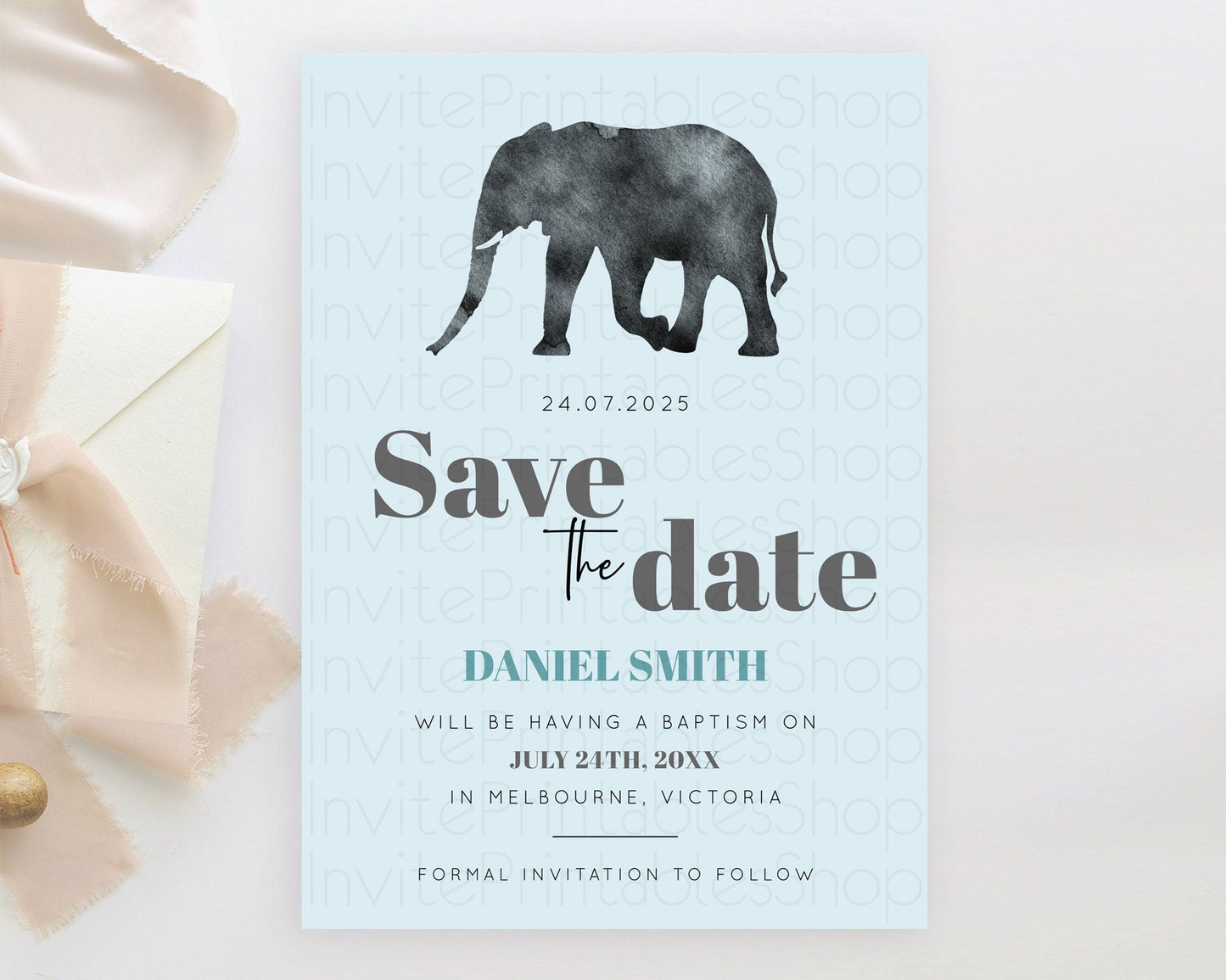 Elephant Save The Date Template Elephant Safari Adventure Party Dried Palm Fern Zoo 1st Birthday Baptism Baby Shower Bridal Shower D10802
