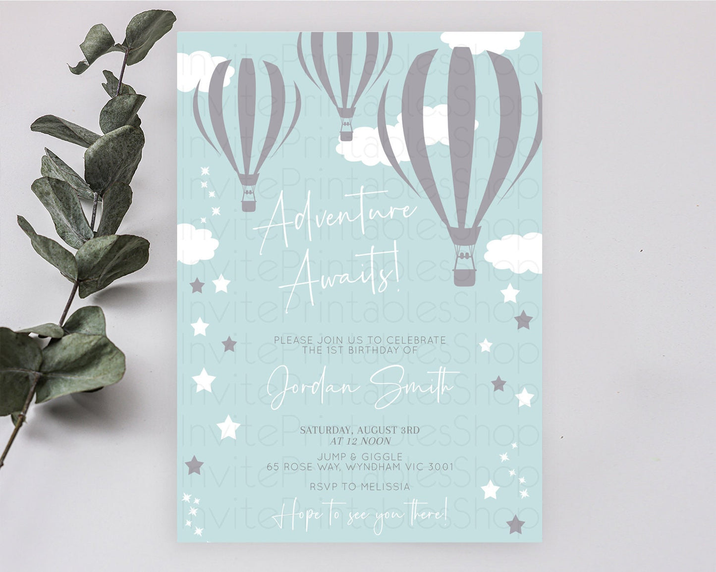 Hot Air Balloon Birthday Invitation Hot Air Balloon Invites Adventure Awaits Up Up & Away Glitter Blue Watercolor 1st Birthday Boy D10324