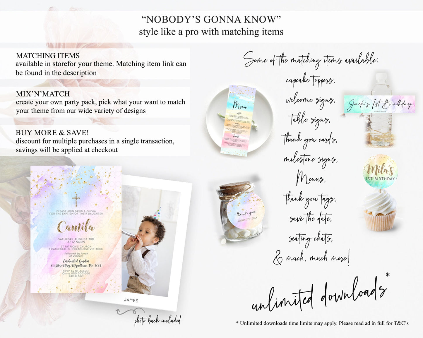 Pastel Baptism Invitation Pastel Colors Watercolor Baptism 1st Birthday Party Gold Ombre Pastel Rainbow Christening Holy Communion D10633