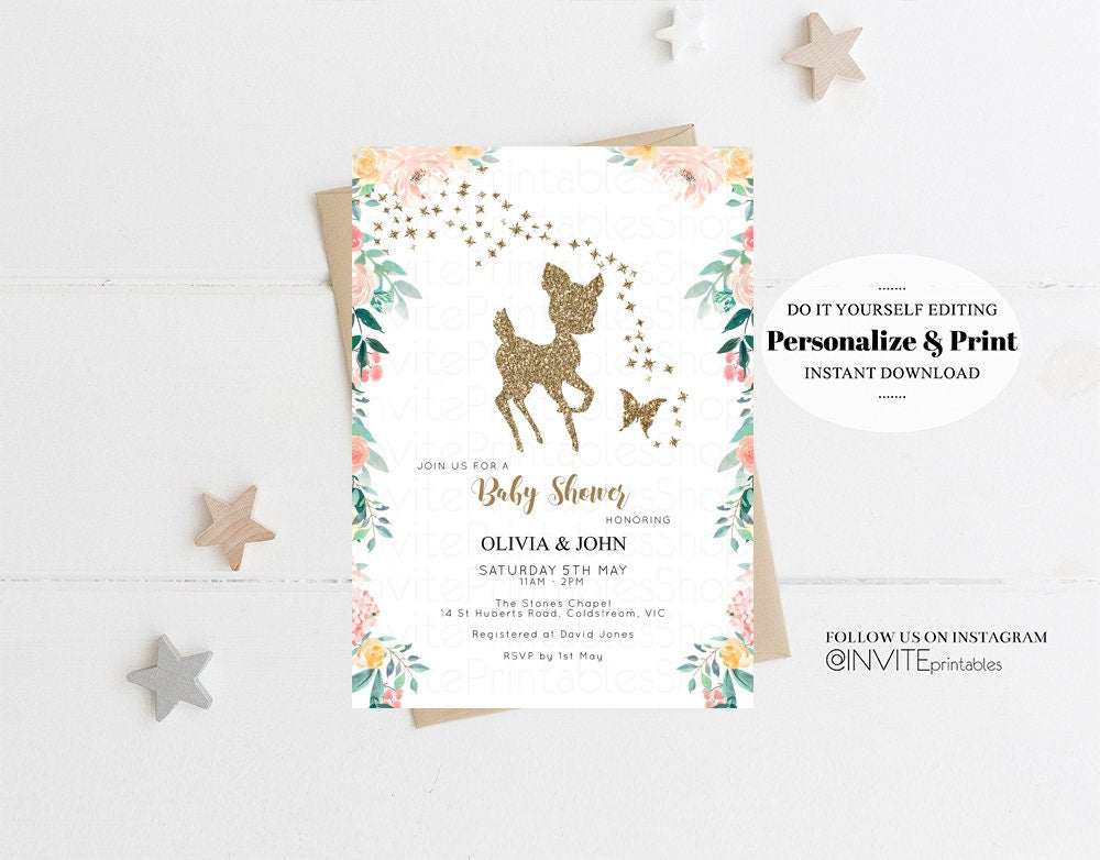 Fawn Baby Shower Invite Deer Baby Shower Invite Deer Invite Deer Party Invite Pastel Floral Invite Glitter Invite Garden Party Invite