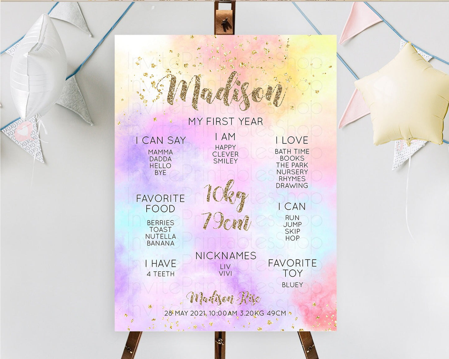 Pastel First Birthday Milestone Board Pastel Rainbow Milestone Poster Colorful Confetti Watercolor Glitter 1st Birthday Welcome Sign D10435