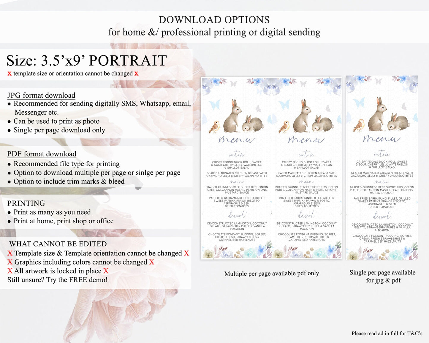 Bunny Menu Floral Bunny Menu Template Pastel Flowers Bunny Table Decor Secret Garden Bunny Dinner Dessert Menu Party Food Menu D10927