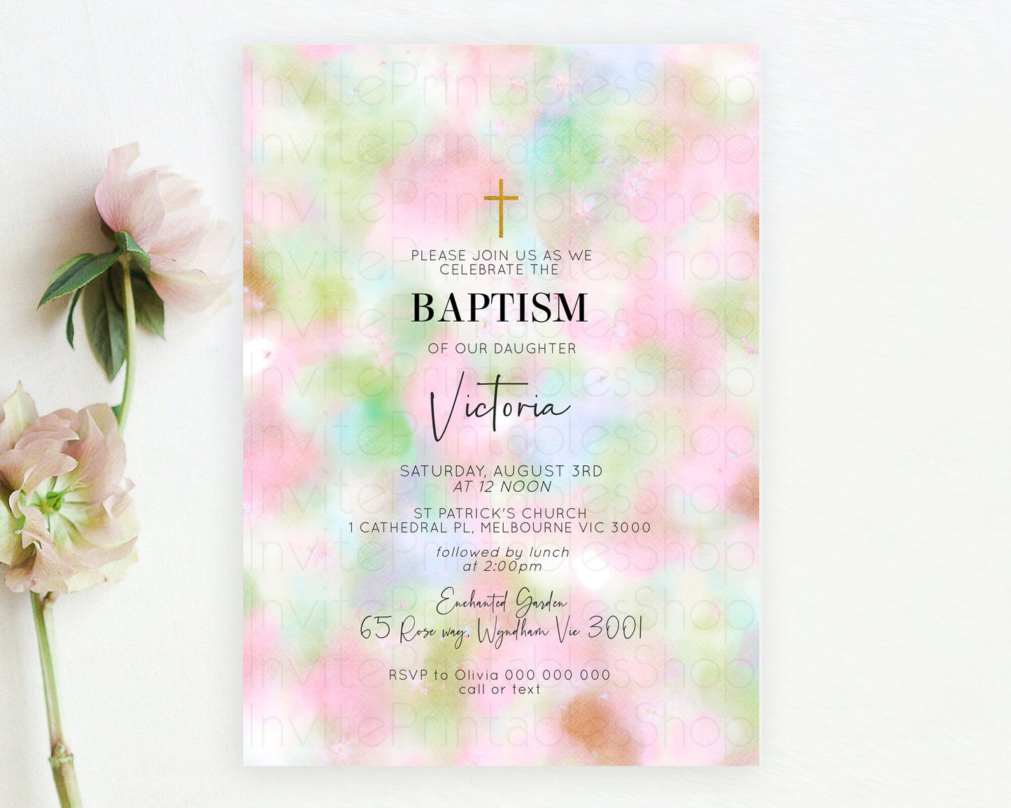 Pastel Baptism Invitation Pastel Colors Watercolor Baptism 1st Birthday Party Gold Ombre Pastel Rainbow Christening Holy Communion D10698