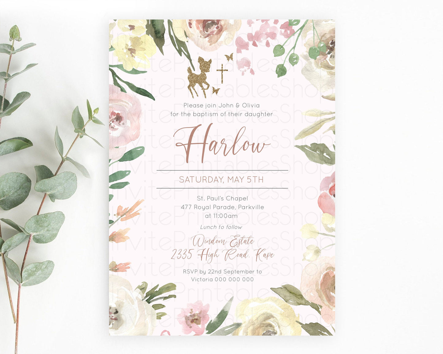 Fawn Baptism Invitation Deer Baptism 1st Birthday Invitation Enchanted Forest Christening Invitation Pastel Garden Butterfly Floral D10193