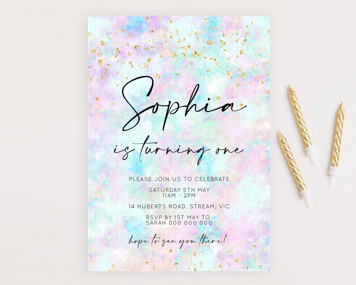 Rainbow Birthday Invitation Colorful Pastel Watercolor Invitation Gold Glitter Sprinkles Ombre Pastel 1st 2nd 3rd Birthday D10652