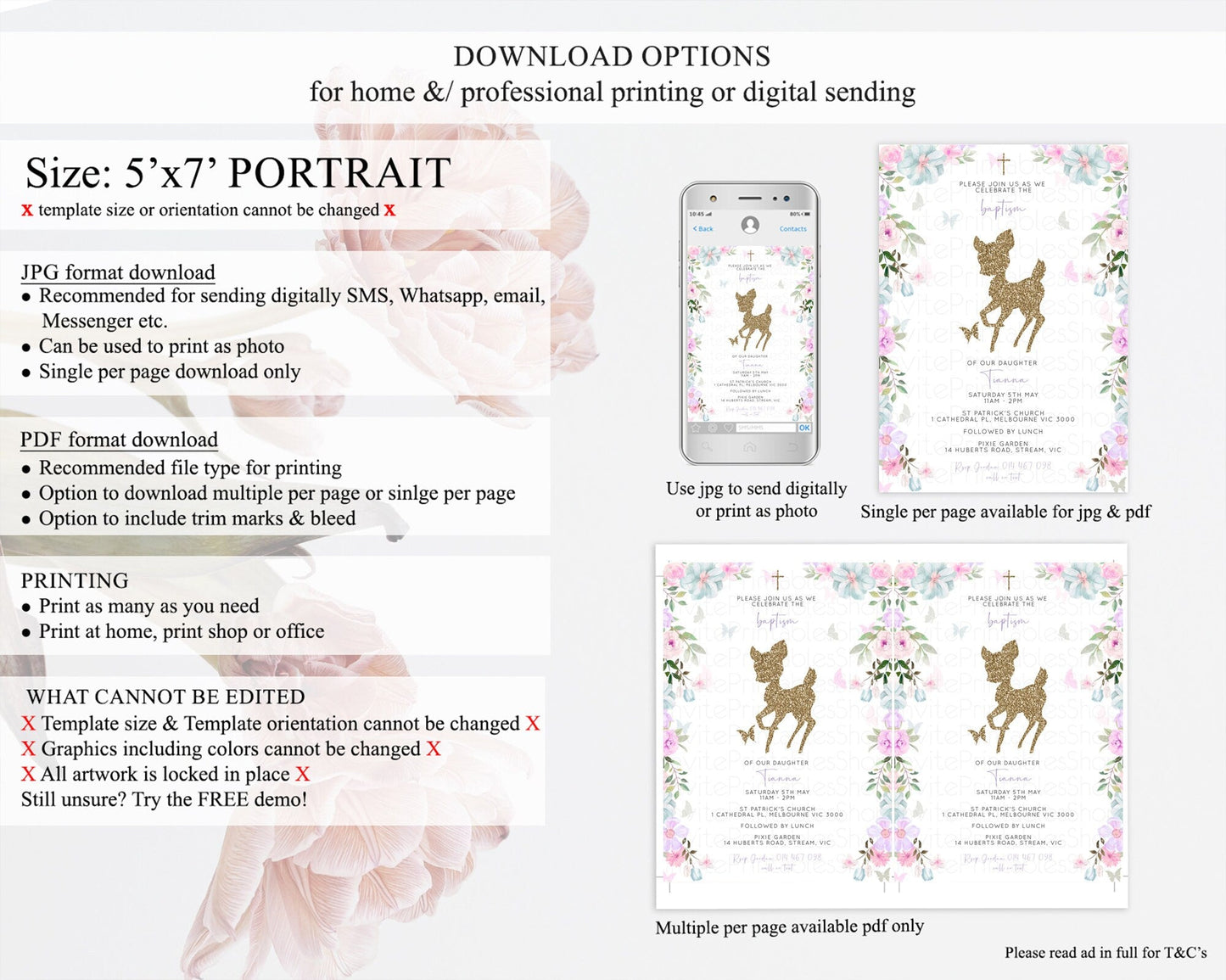 Fawn Baptism Invitation Deer Baptism 1st Birthday Invitation Enchanted Forest Christening Invitation Pastel Garden Butterfly Floral D10476