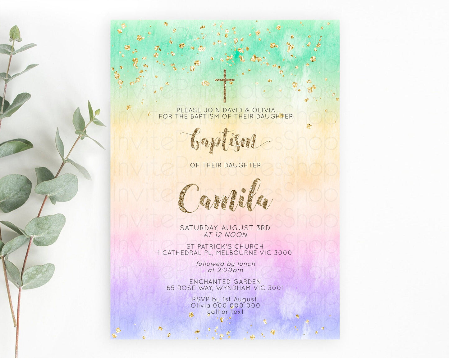 Pastel Baptism Invitation Pastel Colors Watercolor Baptism 1st Birthday Party Gold Ombre Pastel Rainbow Christening Holy Communion D10478