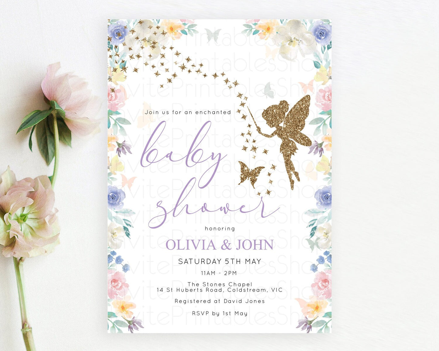 Fairy Baby Shower Invitation Pastel Fairy Invites Fairy Tea Party Fairy Garden Theme Secret Garden Enchanted Garden Floral Butterfly D10761