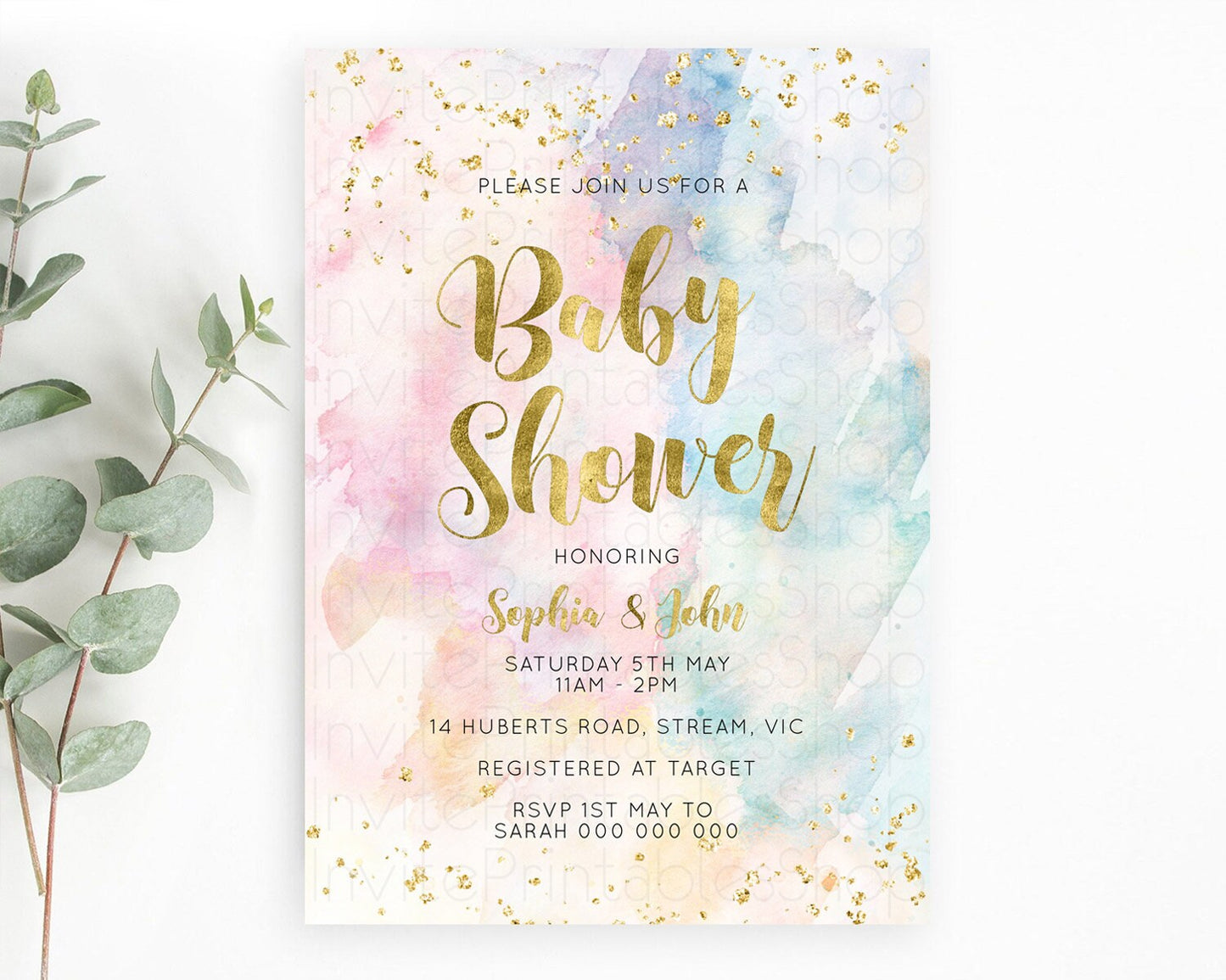 Pastel Rainbow Baby Shower Invitation, Colorful Watercolor with Gold Glitter Sprinkles, Rainbow Ombre Splash - Pink, Blue, Yellow D10265