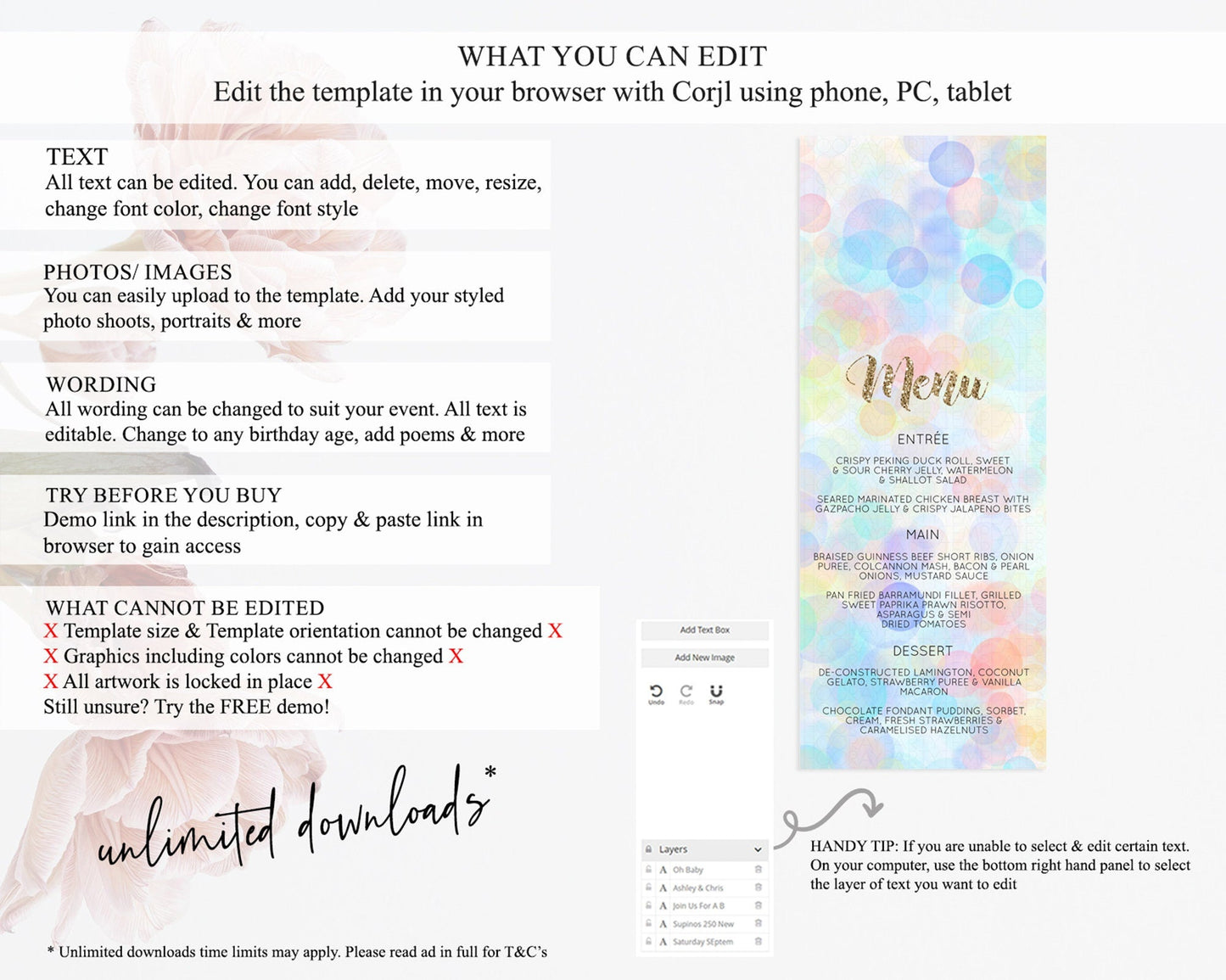 Pastel Menu Bubbles Menu Template Bubble Bath Table Decor Rainbow Pastel Colorful Confetti Dinner Dessert Menu Party Food Menu D10447