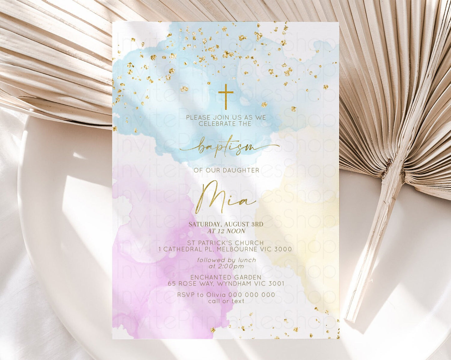 Rainbow Baptism invitation Pastel Rainbow Christening Invite Ombre Watercolor Invite Gold Glitter Sprinkle Splash Cross Religious 190V2