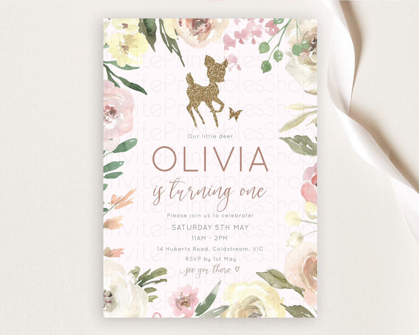 Fawn Birthday Invitation Deer Birthday Invitation Enchanted Forest Party Butterfly Pastel Flowers Whimsical 2nd 1st First Birthday D10193