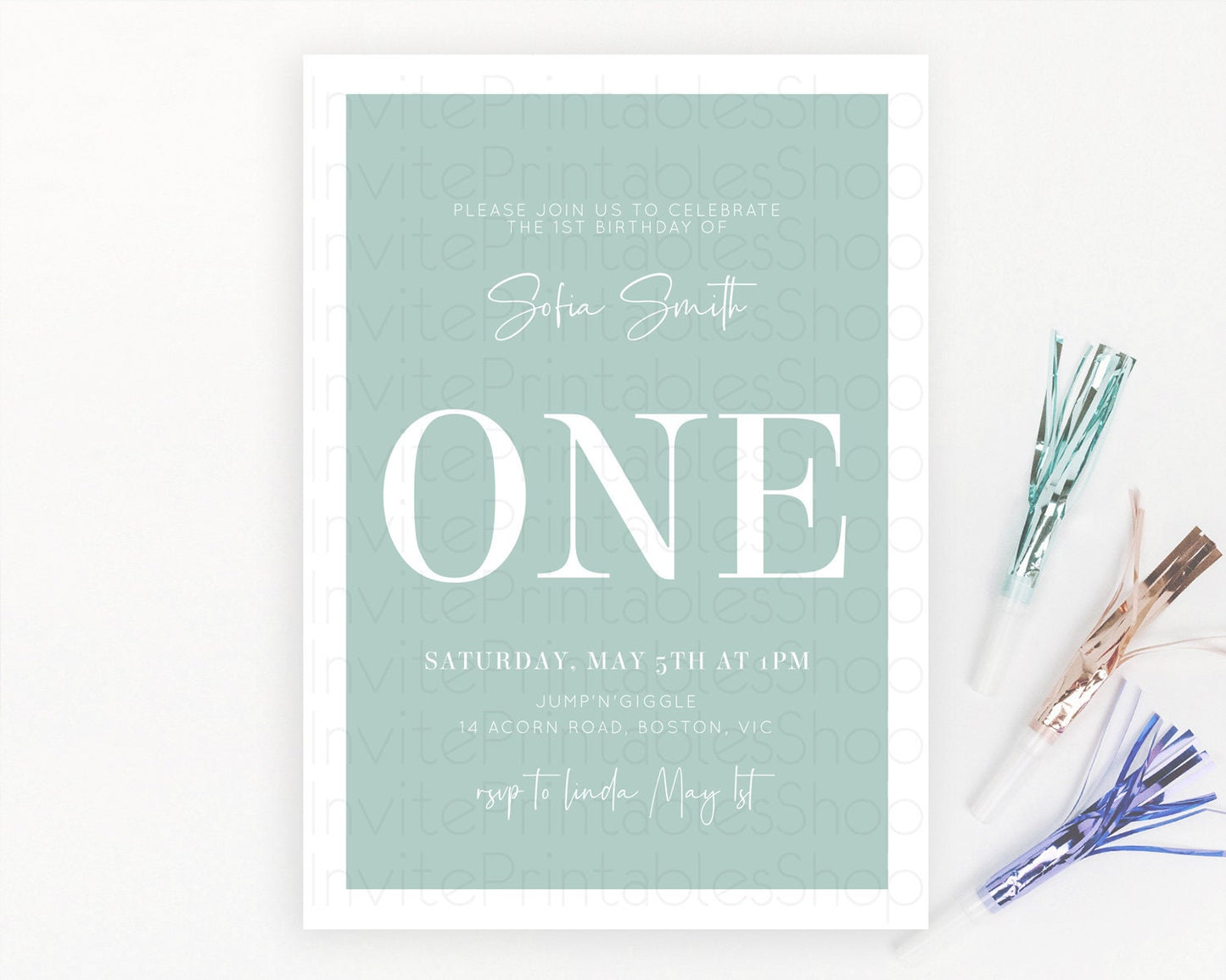 Green Birthday Invitation Plain Green Invitation Minimalist Invitation Pastel Green Invitation Modern Invite 2nd 1st First Birthday D10736