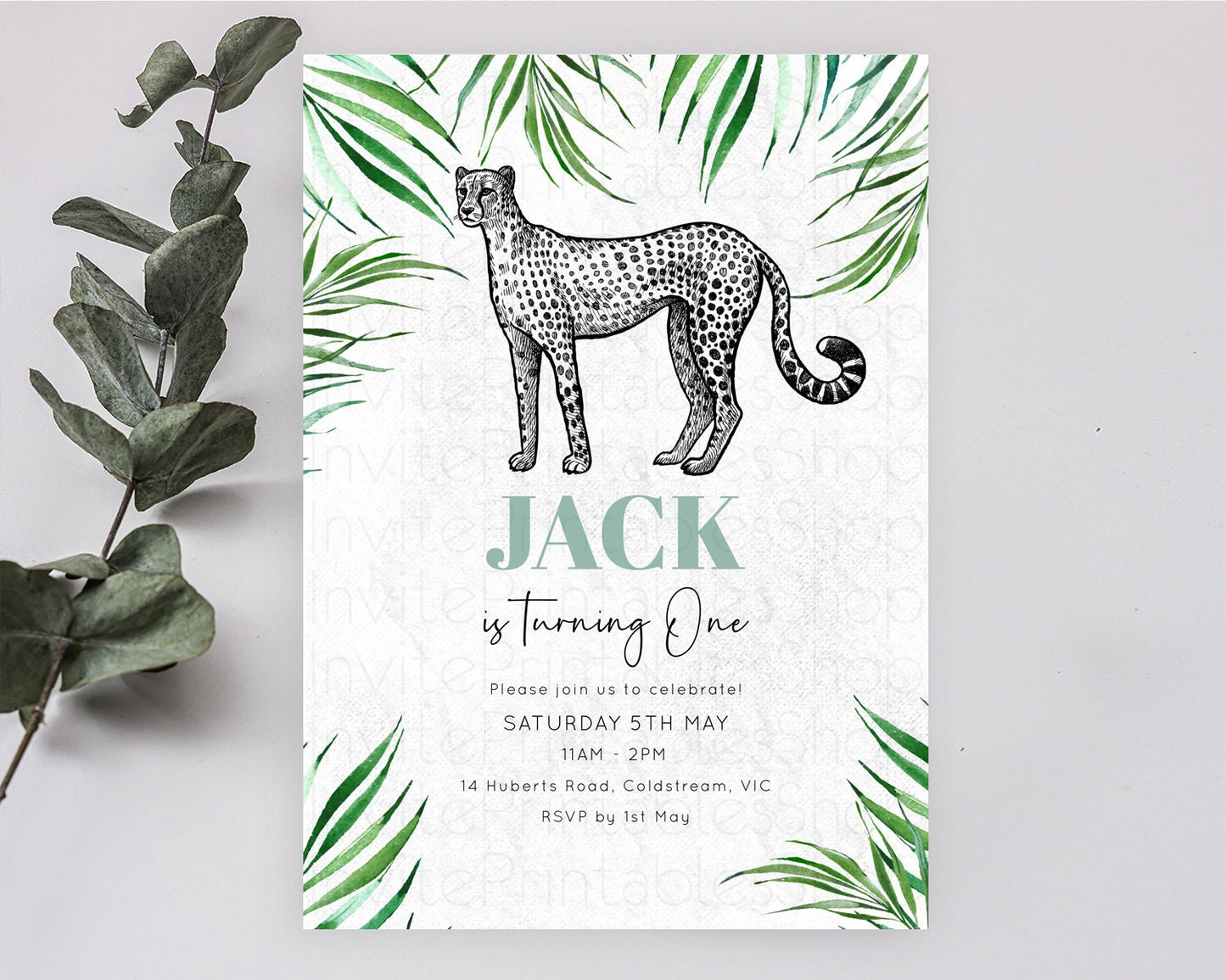 Cheetah Birthday Invitation Cheetah Invitation Cheetah Birthday Cheetah Safari Adventure Invite Cheetah Palm Leaf Invite Zoo Party D10849