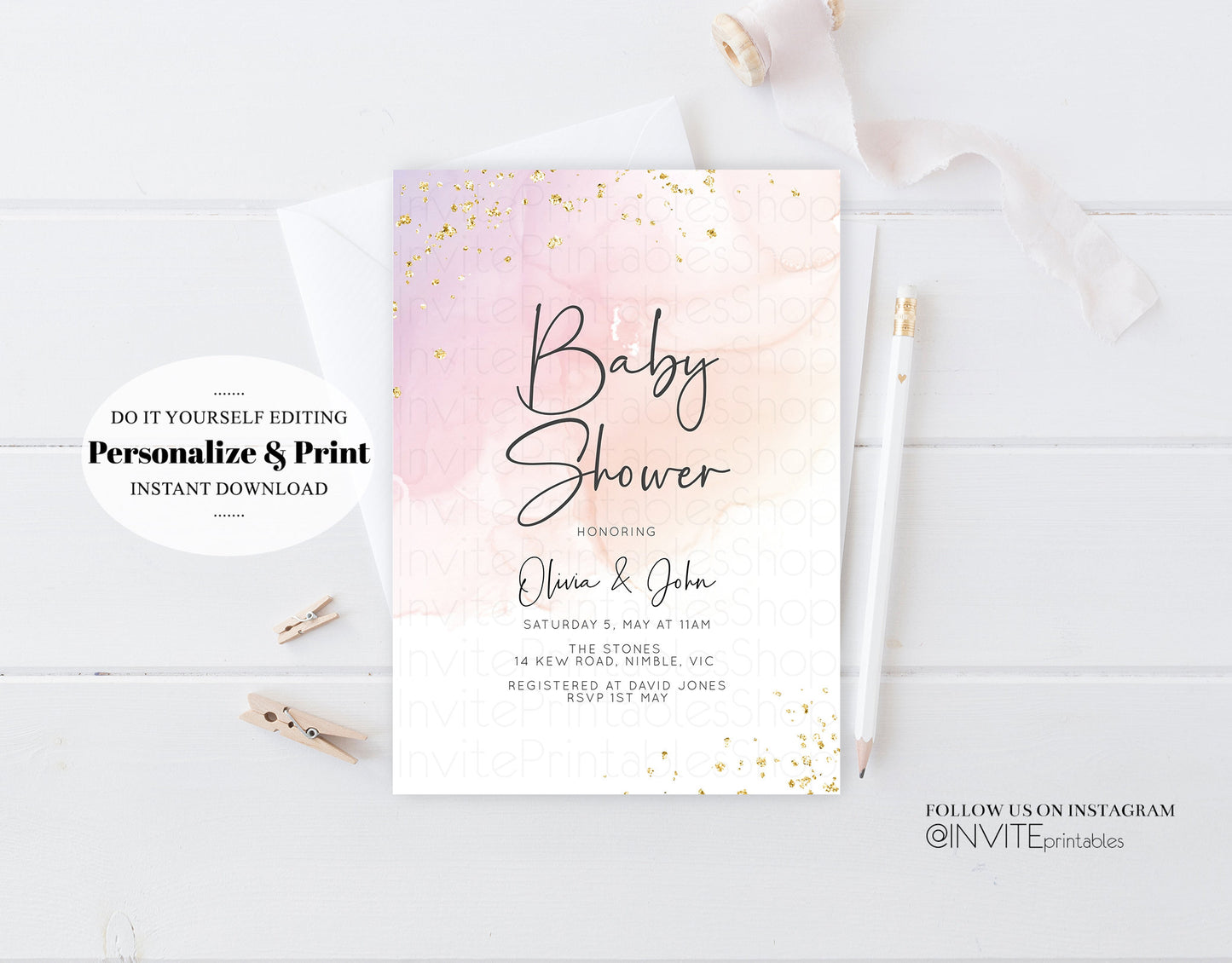 Pastel Pink Baby Shower Invitation Watercolor Ink Gold Glitter Foil Sprinkles Confetti Splash It's a Girl Invite Editable Instant Download