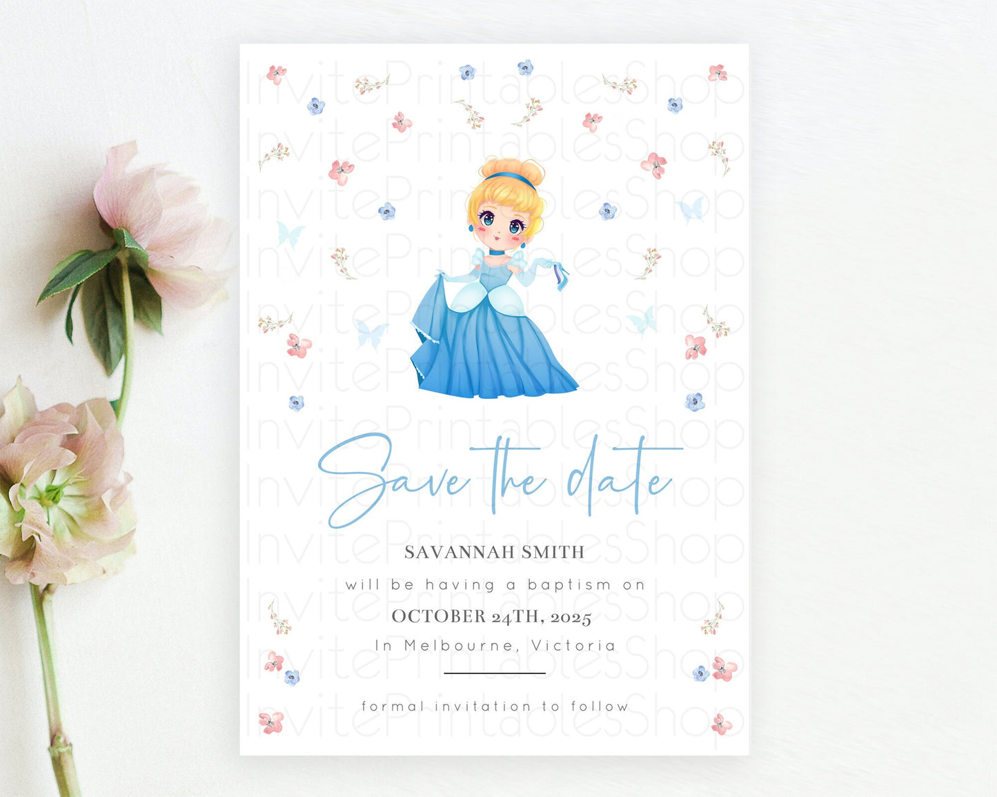 Princess Save The Date Template Secret Garden Enchanted Castle Pastel Floral Royal Party For 1st Birthday Baptism Baby Shower D10354