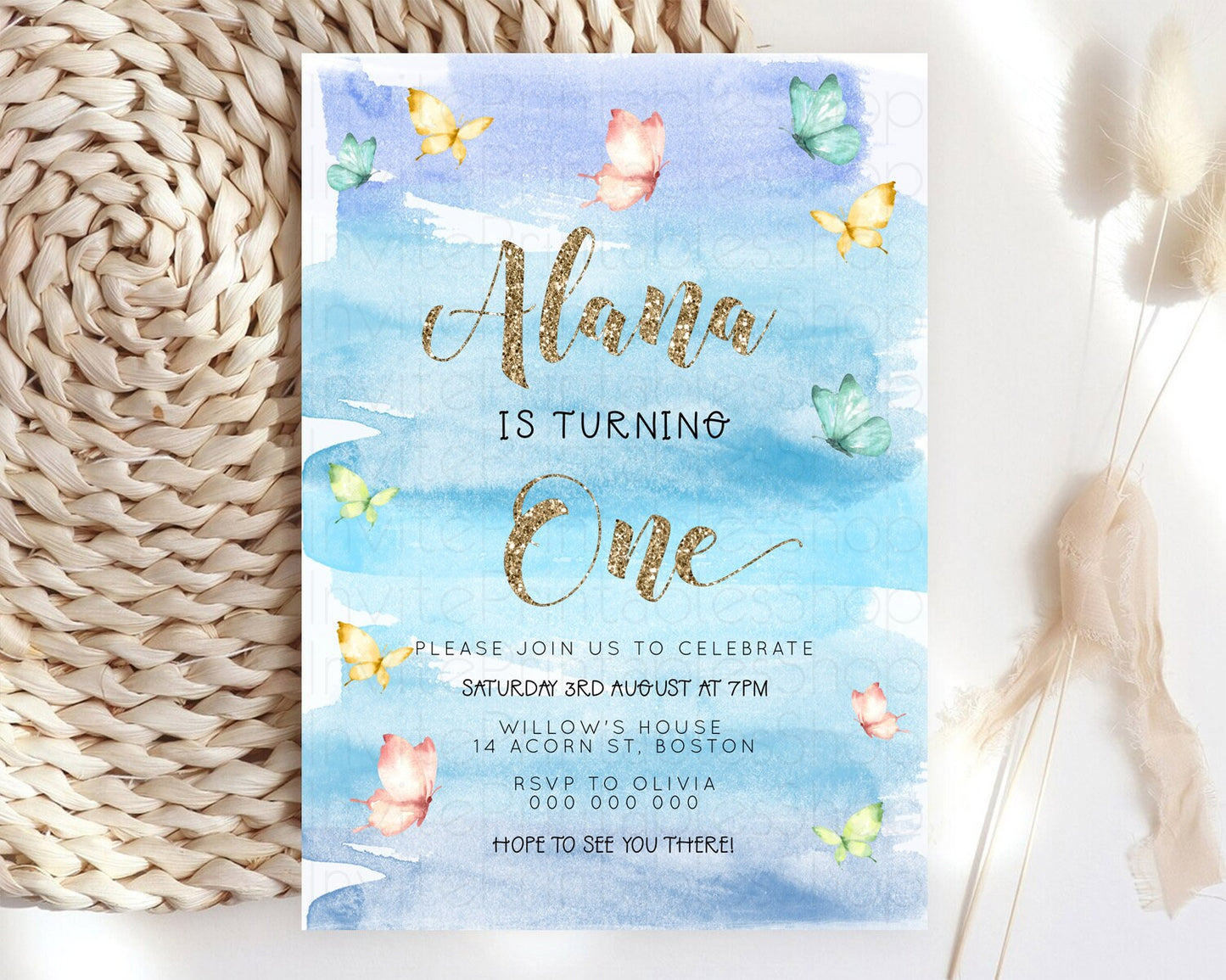 Blue Birthday Invitation Blue Watercolor Invitation Pastel Blue Watercolor Invitation Blue Splash Gold Invitation 1st First Birthday D23230