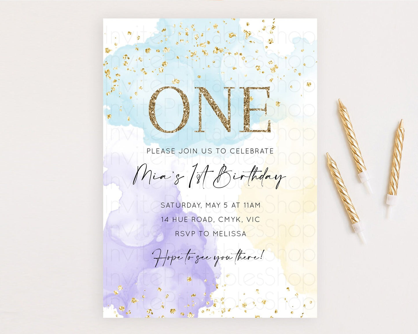 Rainbow Birthday Invitation Colorful Pastel Watercolor Invitation Gold Glitter Sprinkles Ombre Pastel 1st 2nd 3rd Birthday D10206