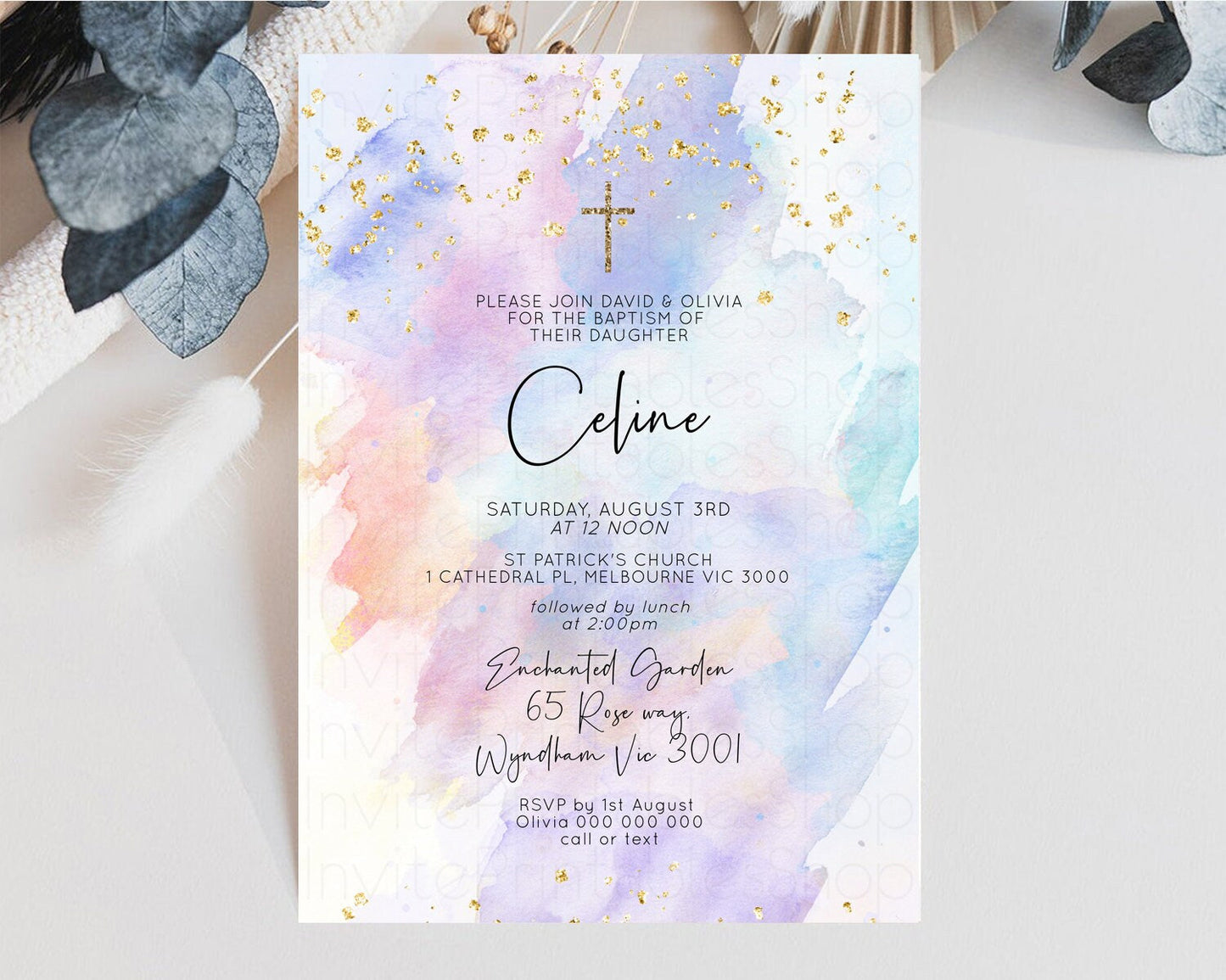 Rainbow Baptism invitation Pastel Rainbow Christening Invite Ombre Watercolor Invite Gold Glitter Sprinkle Splash Cross Religious t576