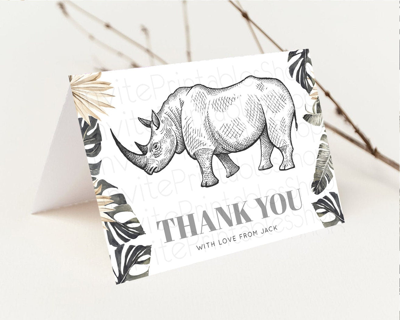 Editable Rhinoceros Thank You Card Dried Palm Fern Wild One Safari Jungle Zo