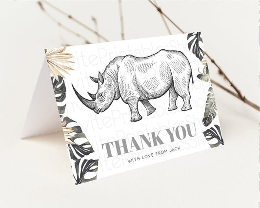 Editable Rhinoceros Thank You Card Dried Palm Fern Wild One Safari Jungle Zo