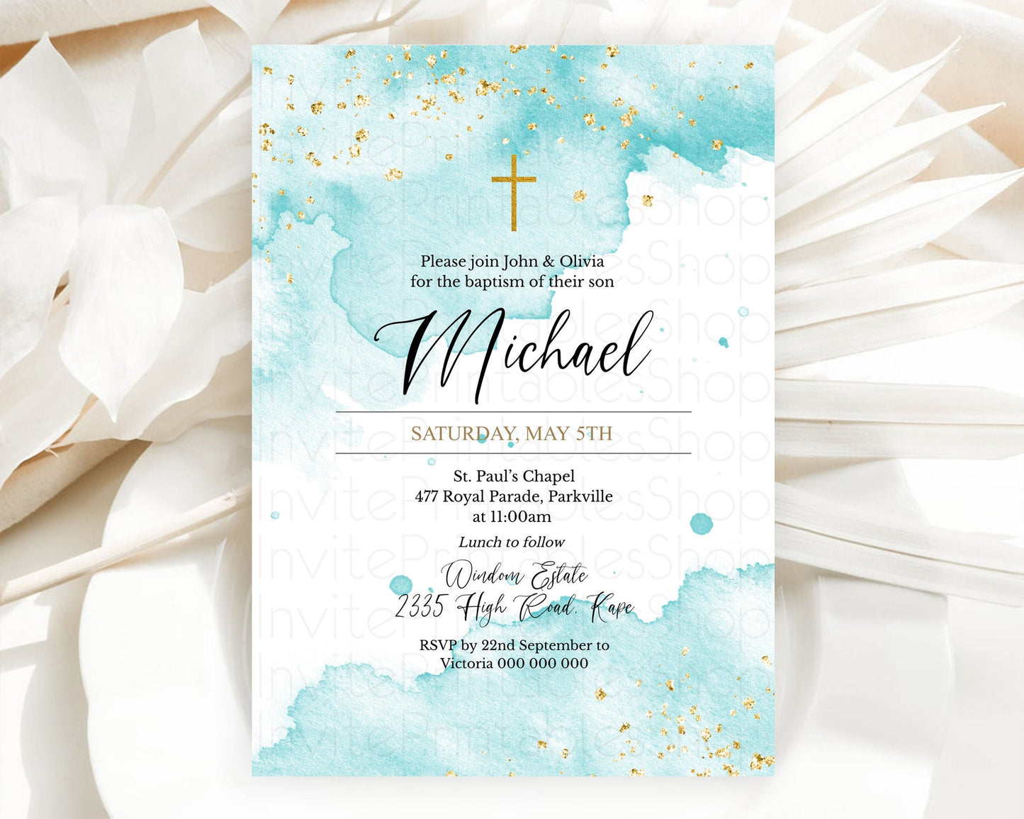 Blue Baptism Invitation Blue Watercolor Baptism 1st Birthday Invitation Pastel Blue Watercolor Christening Invite Blue Splash D10329