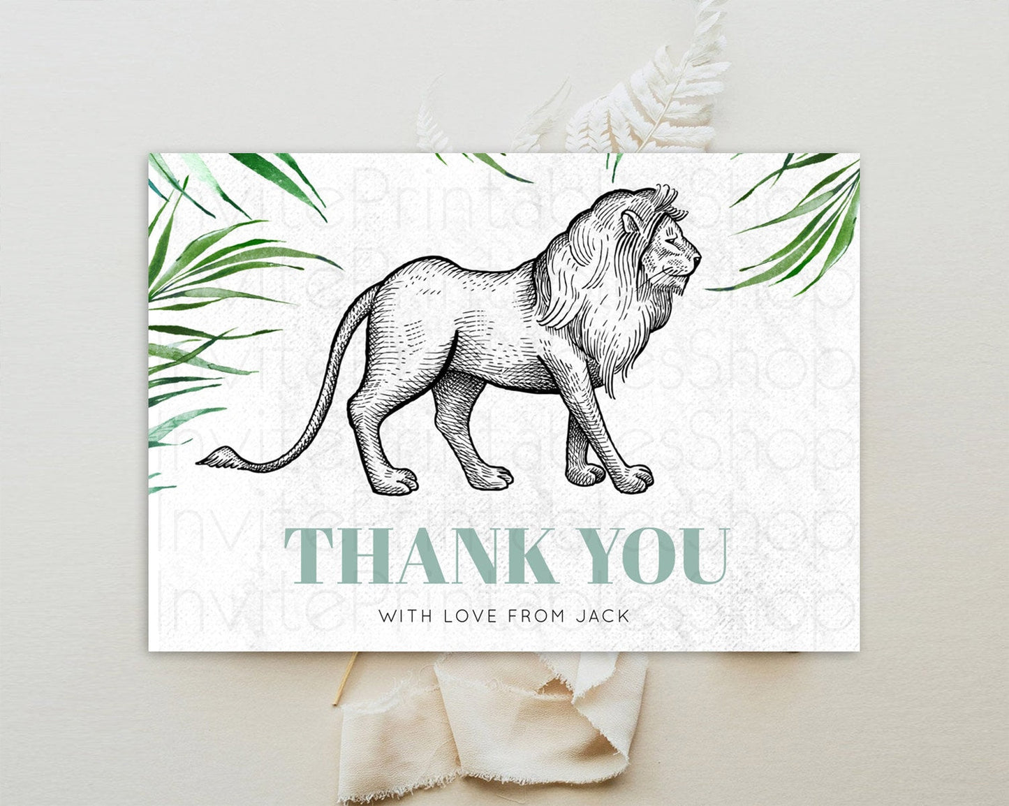 Lion Thank You Lion Thank You Card Lion Party Birthday Thank You Card Safari Lion Cards Dried Palm Fern Lion Teacher Thank You Cards D10845