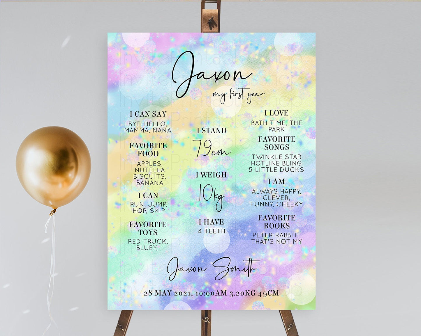 Pastel First Birthday Milestone Board Pastel Rainbow Milestone Poster Colorful Confetti Watercolor Glitter 1st Birthday Welcome Sign D10689