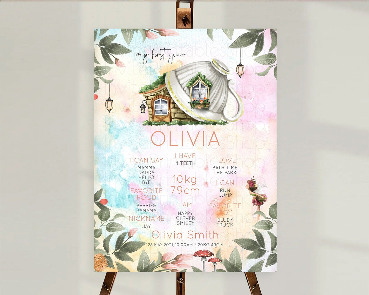 Fairy First Birthday Milestone Poster Fairy Secret Garden Milestone Board Enchanted Garden Pastel Floral Butterfly 1st Birthday Sign D10555