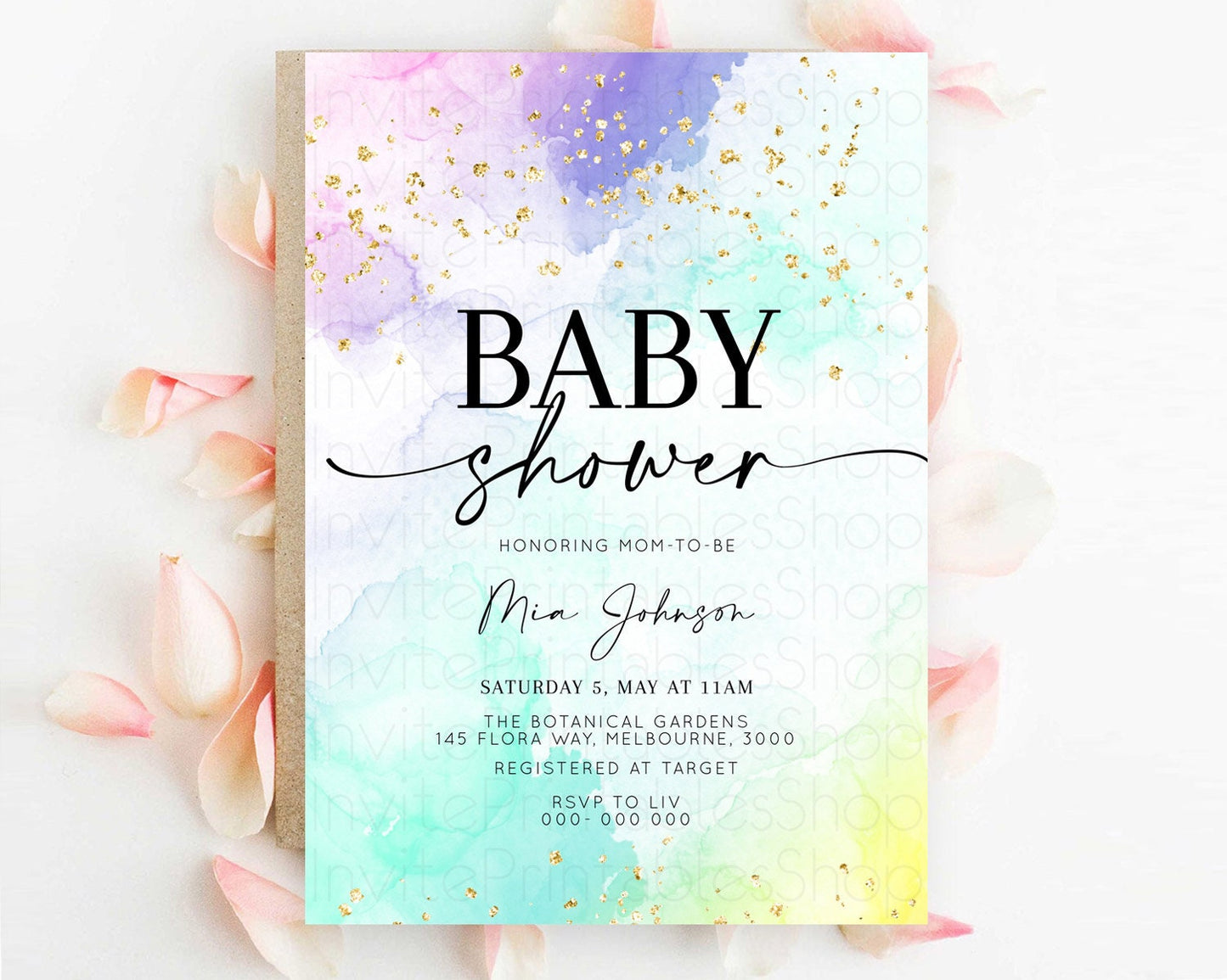 Pastel Baby Shower Invitation Rainbow Baby Shower Invitation Colorful Pastel Watercolor Invitation Gold Glitter Sprinkles Ombre D10157