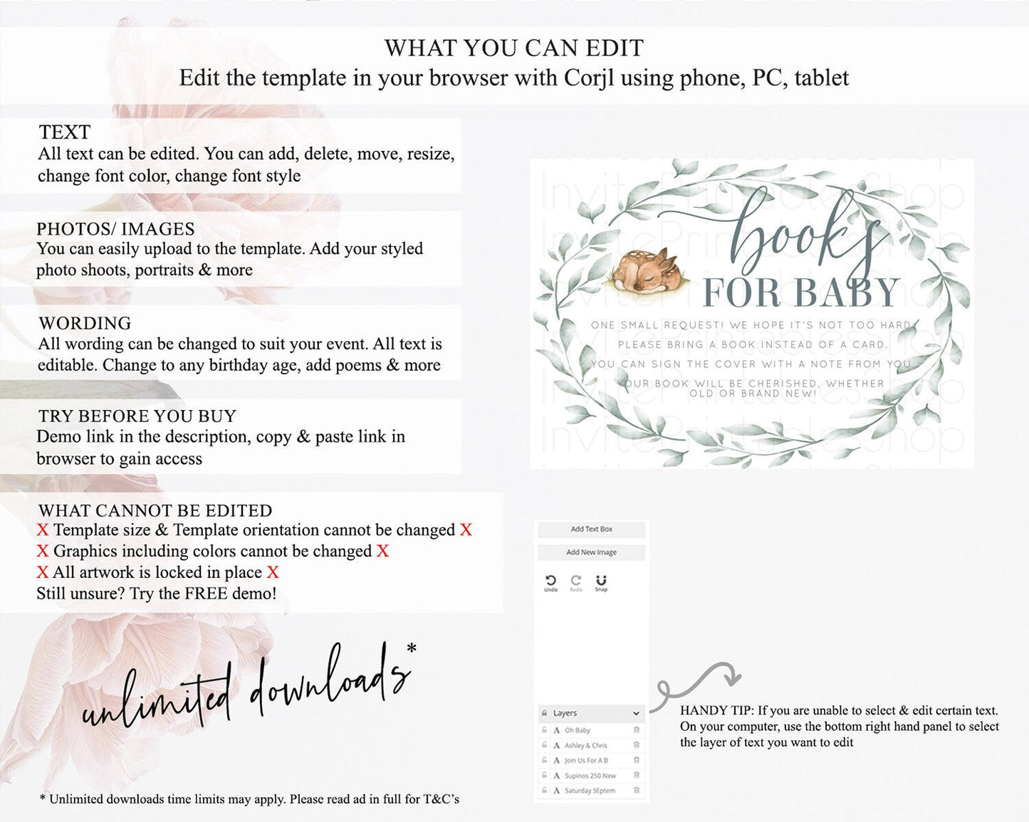 Fawn Books For Baby Card Deer Book Insert Floral Deer Book Card Enchanted Forest Butterfly Pastel Baby Shower Book Poem Request D10935