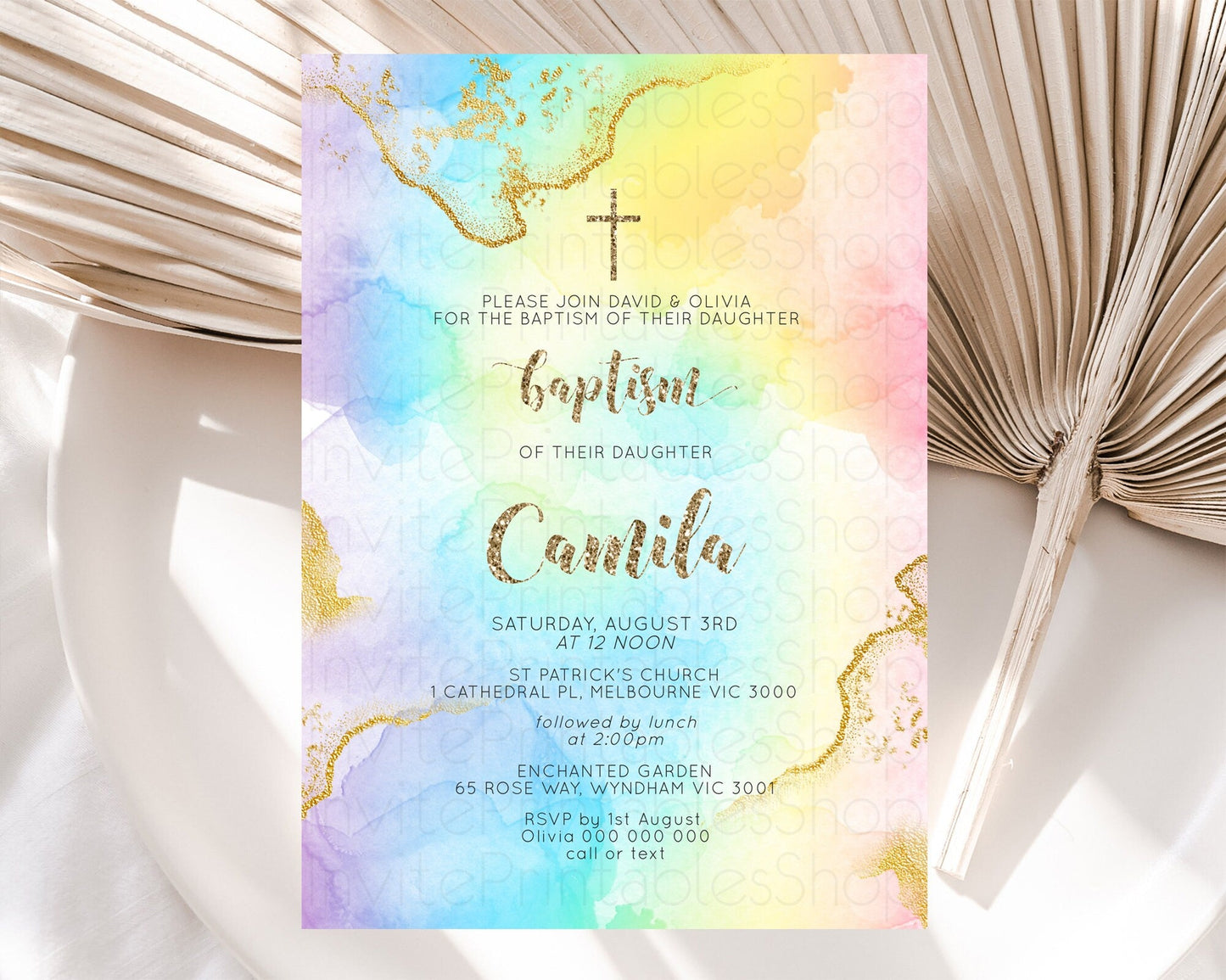 Pastel Baptism Invitation Pastel Colors Watercolor Baptism 1st Birthday Party Gold Ombre Pastel Rainbow Christening Holy Communion D10589