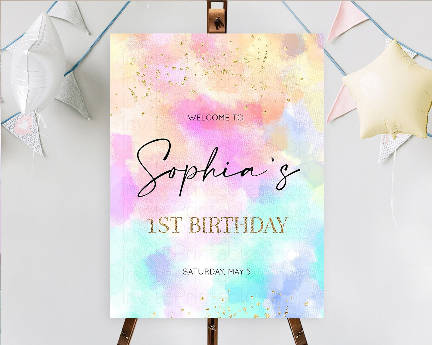 Pastel Welcome Sign Pastel Rainbow Welcome Sign Colorful Rainbow Confetti Watercolor Glitter Pastel First Birthday Welcome Sign D10667