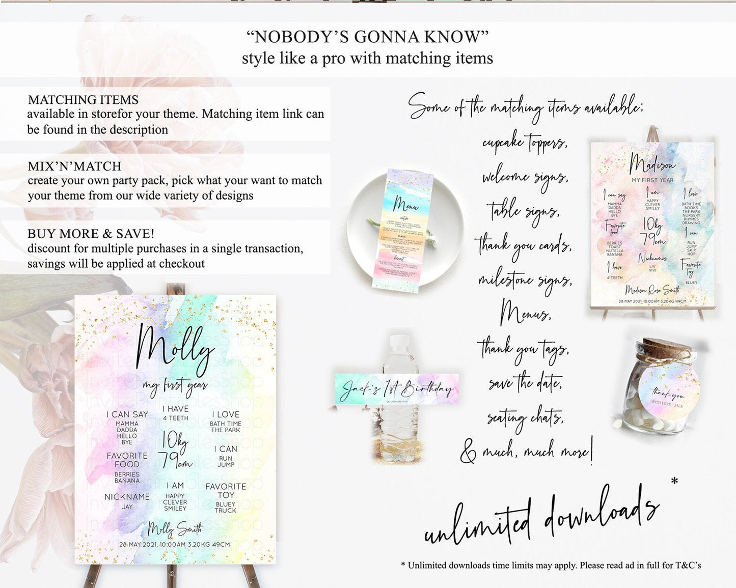 Pastel First Birthday Milestone Board Pastel Rainbow Milestone Poster Colorful Confetti Watercolor Glitter 1st Birthday Welcome Sign D10231