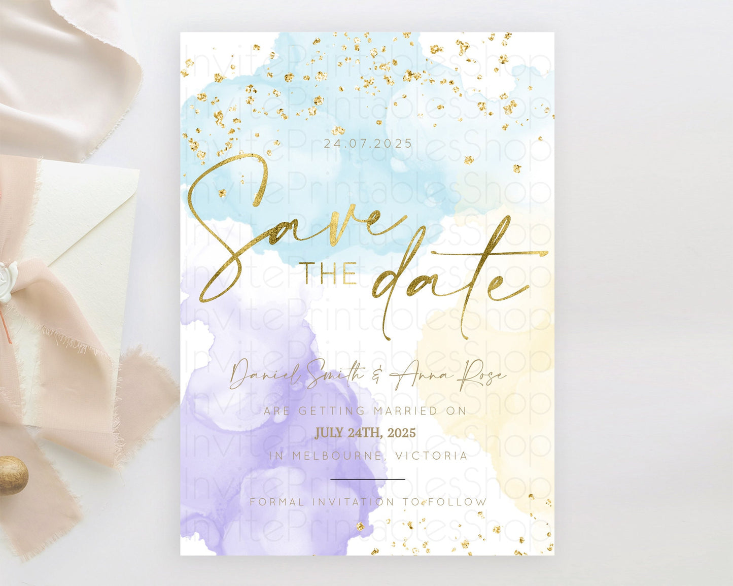 Pastel Save The Date Template Pastel Ombre Rainbow Watercolor Colorful Party For Birthday Baptism Baby Shower Wedding Bridal Shower D10206