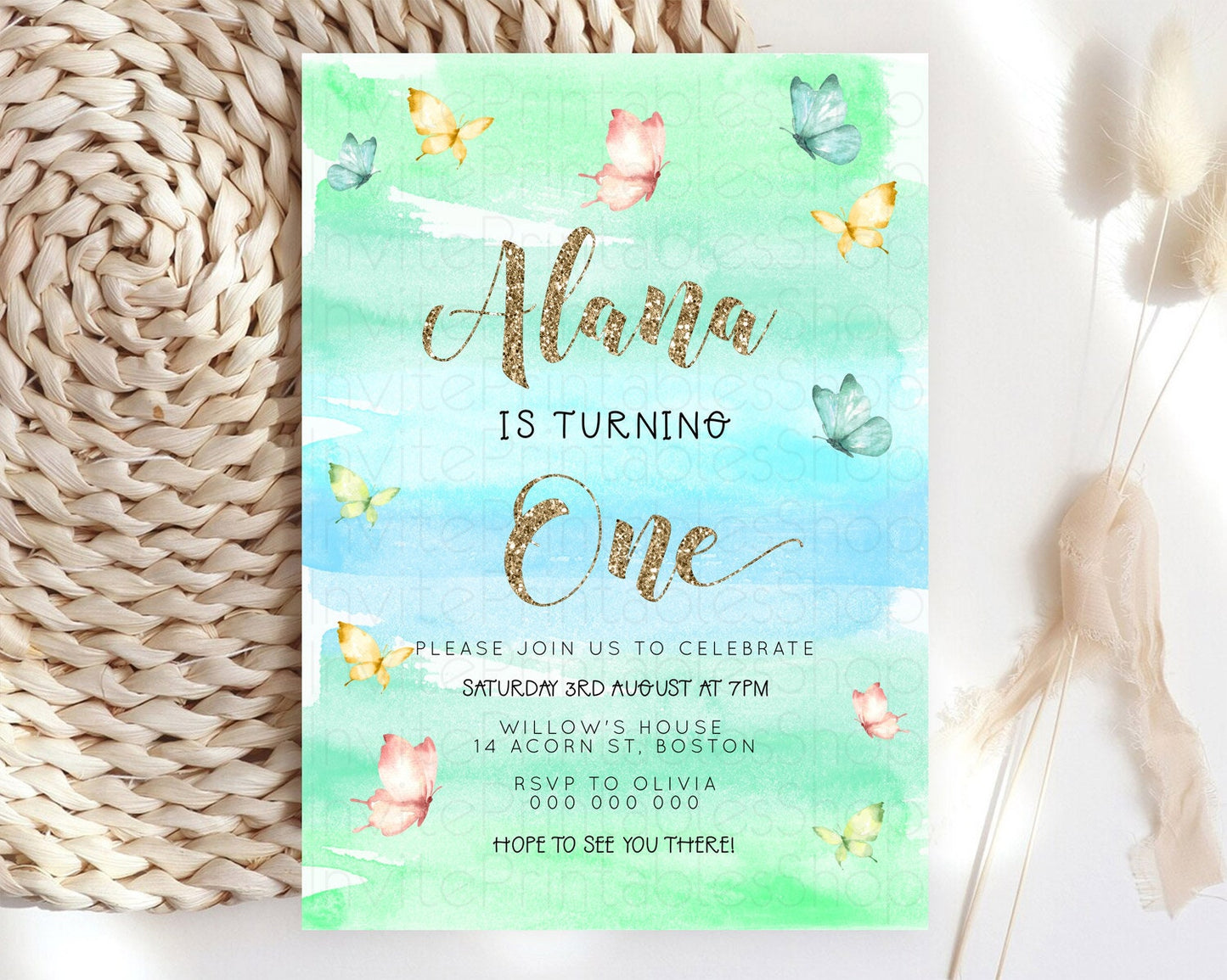 Pastel Butterfly Birthday Invitation Butterfly Birthday Invitation Colorful Splash Glitter Butterfly Garden 1st 2nd Birthday D23229