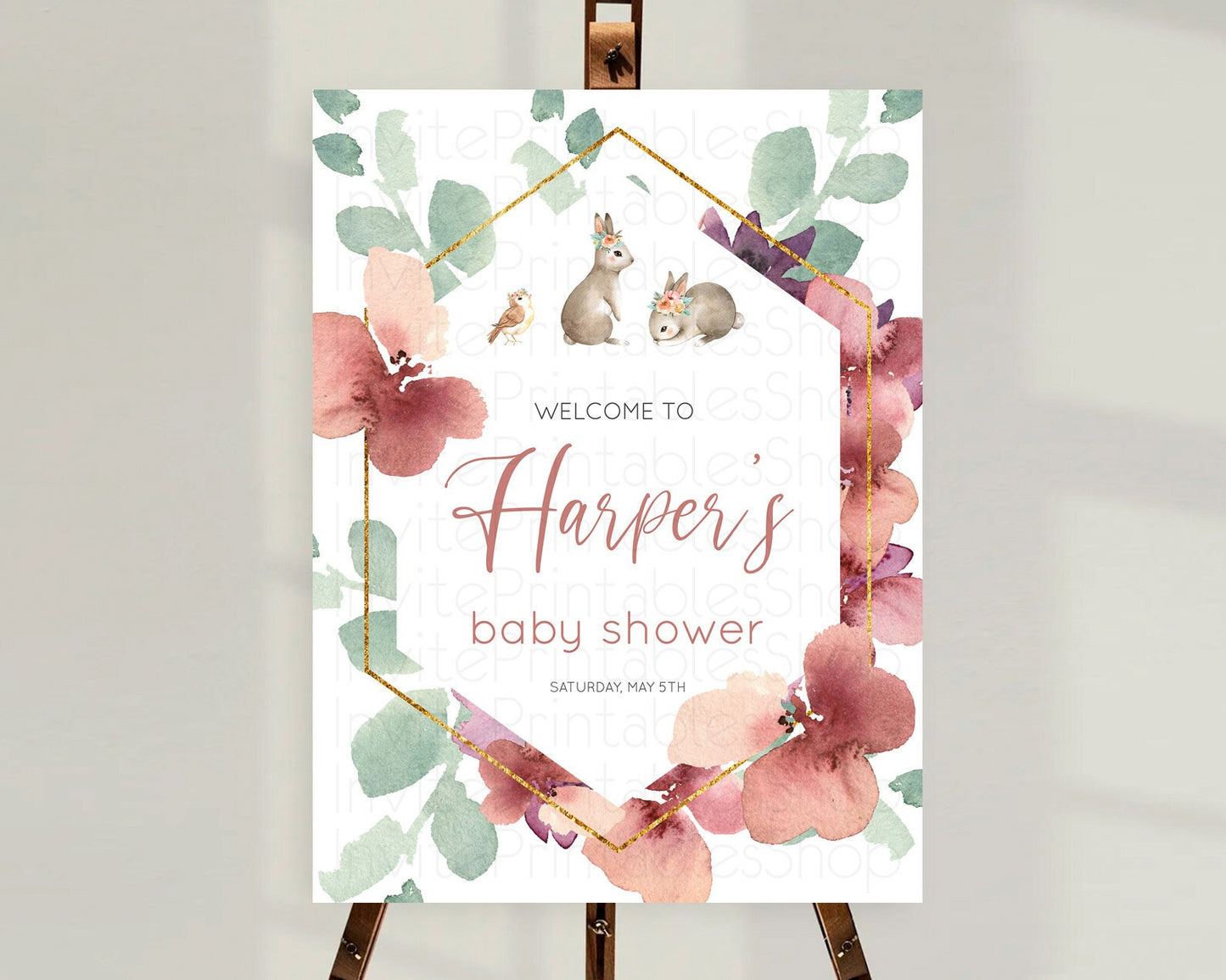 Bunny Baby Shower Welcome Sign Floral Bunny Welcome Board Pastel Flowers Woodland Bunny Welcome Poster Forest Bunny Welcome Sign D11033