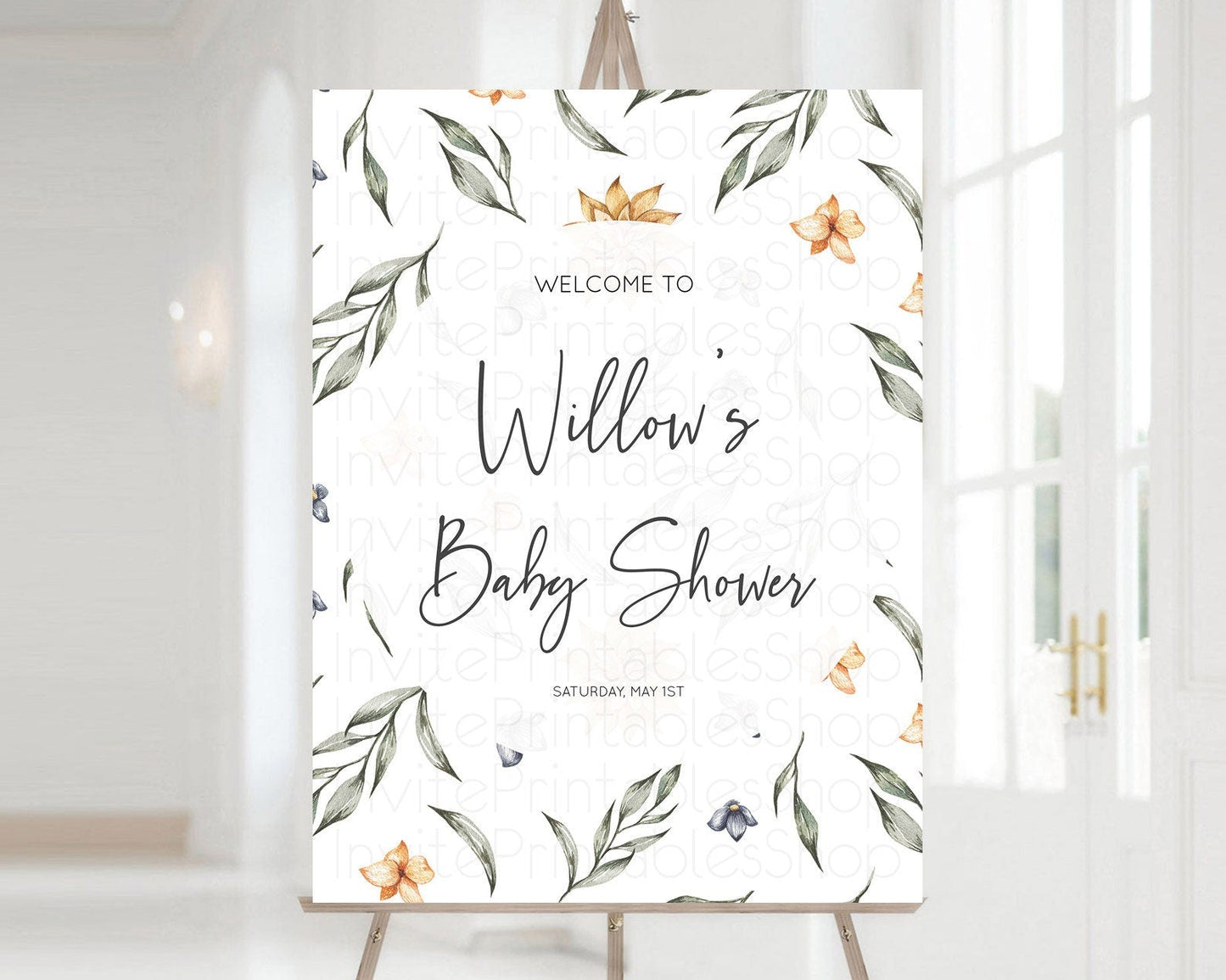 Leafy Baby Shower Welcome Sign Green Leaf Welcome Board Greenery Eucalyptus Fern Spray Leaves Watercolor Boho Garden Welcome Sign D10544
