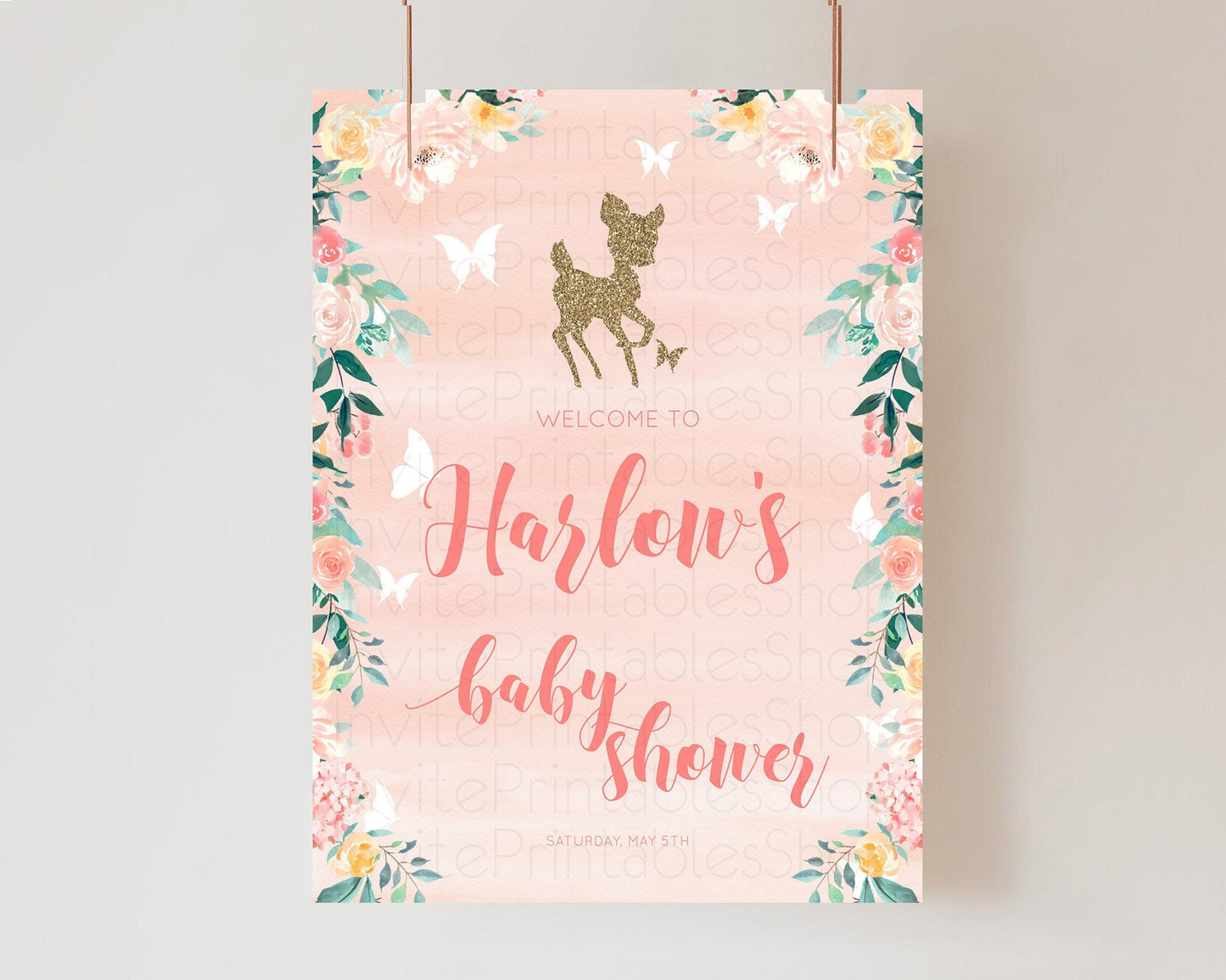 Fawn Baby Shower Welcome Sign Deer Welcome Board Floral Deer Welcome Poster Enchanted Forest Butterfly Pastel Floral Welcome Sign D10873