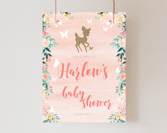 Fawn Baby Shower Welcome Sign Deer Welcome Board Floral Deer Welcome Poster Enchanted Forest Butterfly Pastel Floral Welcome Sign D10873