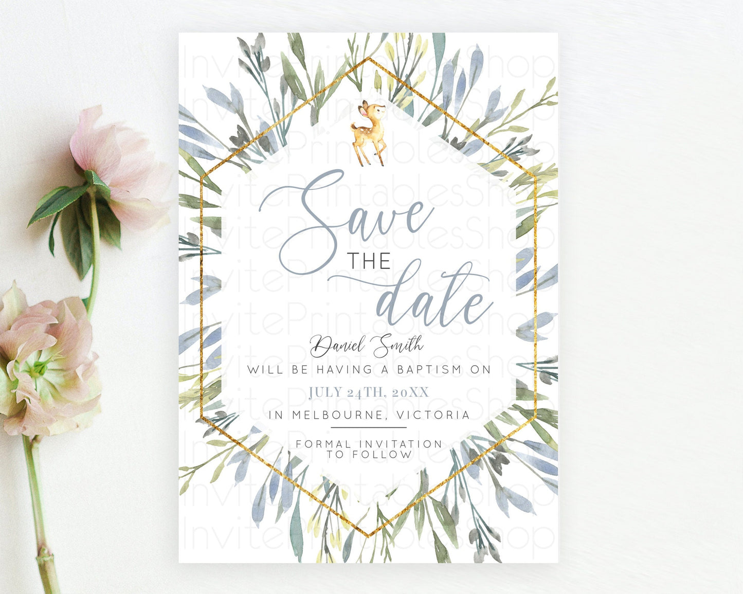 Editable Fawn Deer Save The Date Template Pastel Floral Deer Enchanted Fores