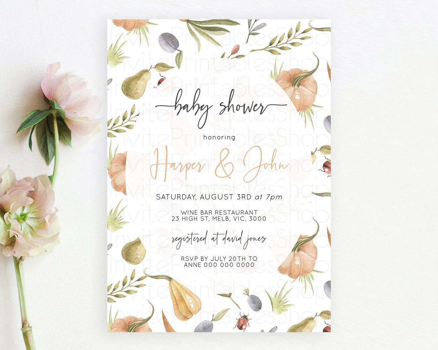 Pumpkin Baby Shower Invitation Pear Invitation Ladybug Invitation Plum Invitation Country Watercolor Baby Shower Invitation D10543