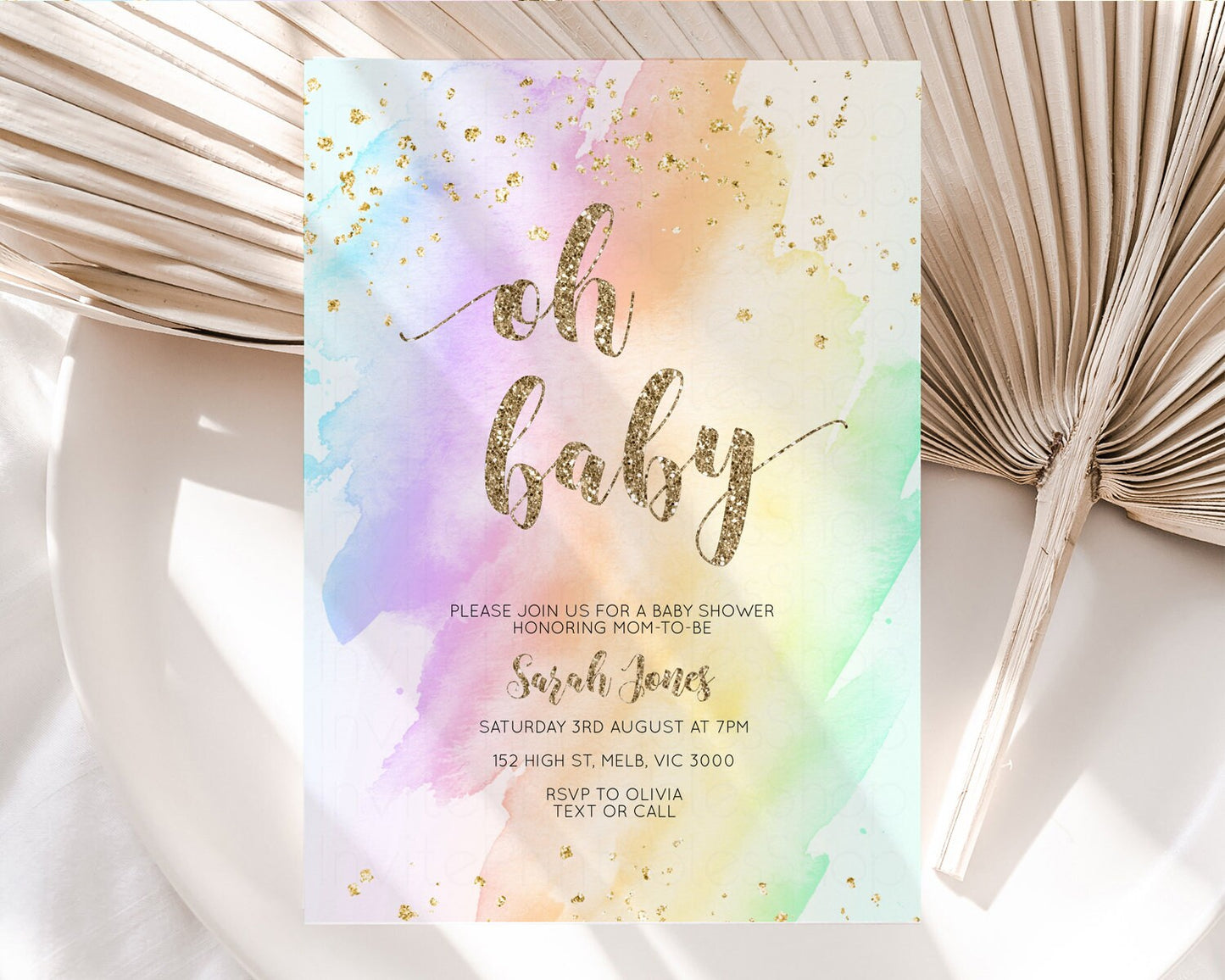 Rainbow Baby Shower Invitation Pastel Baby Shower Invitation Watercolor Ombre Invitation Rainbow Pastel Colors Invite Glitter Confetti g602