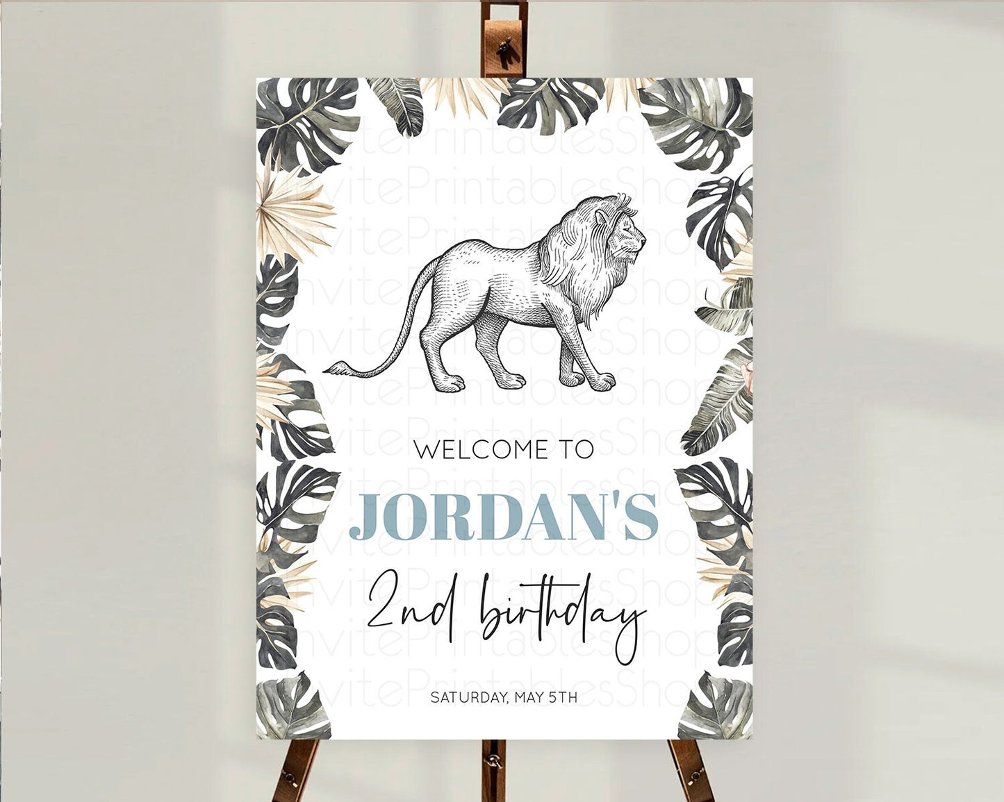 Lion Welcome Sign Lion Welcome Board Lion Party Welcome Poster Dried Palm Fern Safari Party Decor Lion First Birthday Welcome Sign D10807