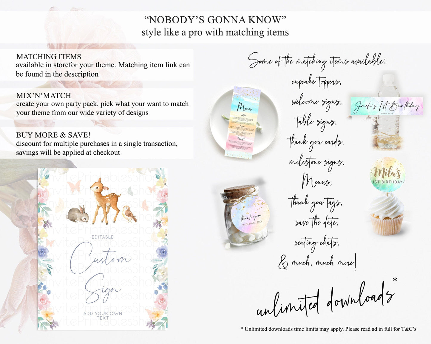 Fawn Deer Sign Pastel Floral Deer Table Sign Decor Enchanted Forest Butterfly Party 1st Birthday Baptism Baby Shower Bridal Shower D10930
