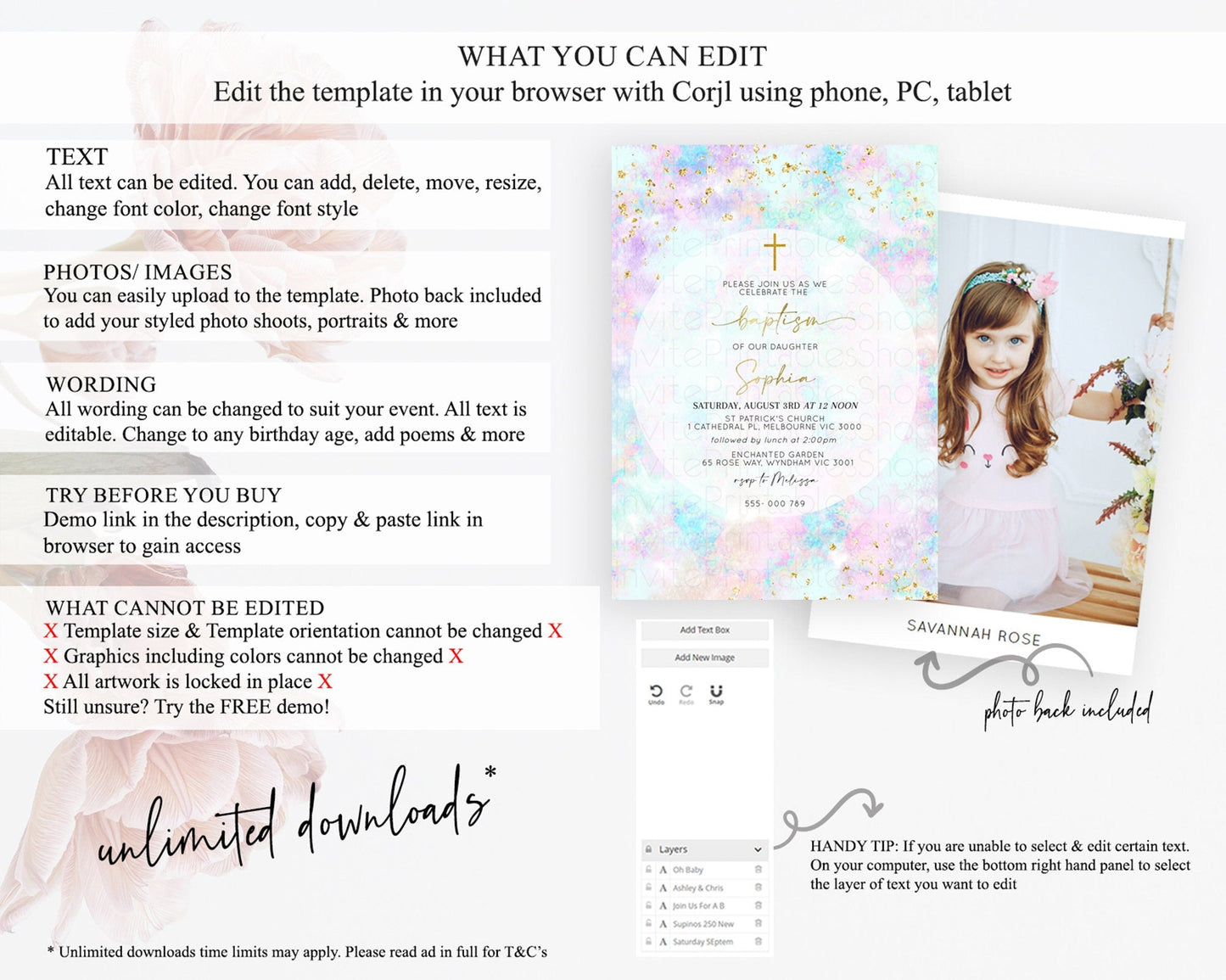 Pastel Baptism Invitation Pastel Colors Watercolor Baptism 1st Birthday Party Gold Ombre Pastel Rainbow Christening Holy Communion D10652