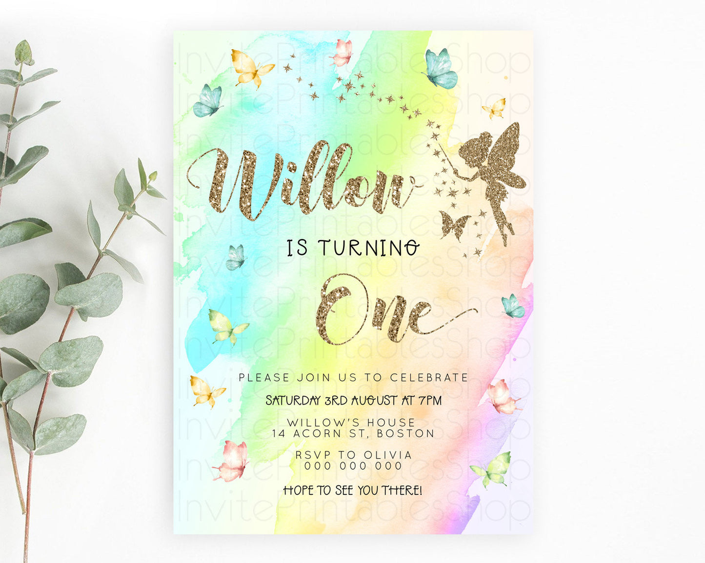 Pastel Fairy Birthday Invitation Pastel Butterflies Fairy Birthday Invitation Rainbow Ombre Watercolor 1st 2nd Birthday Invitation D23329